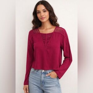 Sugar Lips Magenta Cutout V-Neck Long Sleeve Top | Trendy Boho Blouse